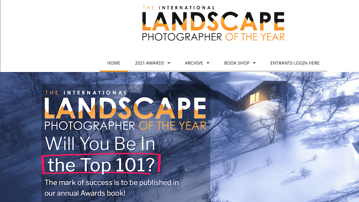 Screenshot from the International Landscape Photographer of the Year photography contests site