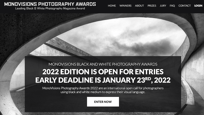 A screenshot of Monovisions Photography Awards website, a photography contest