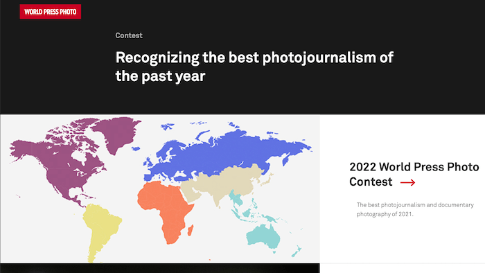 Screenshot of the World Press Photography Awards website, a photography contest
