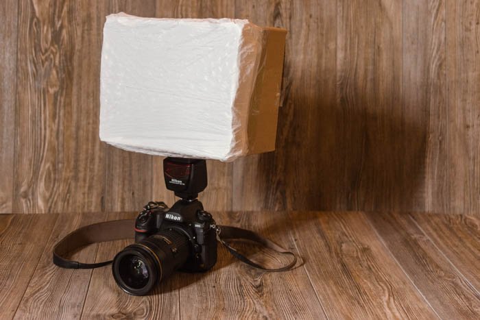 Image of a DIY softbox attached to a DSLR camera hack