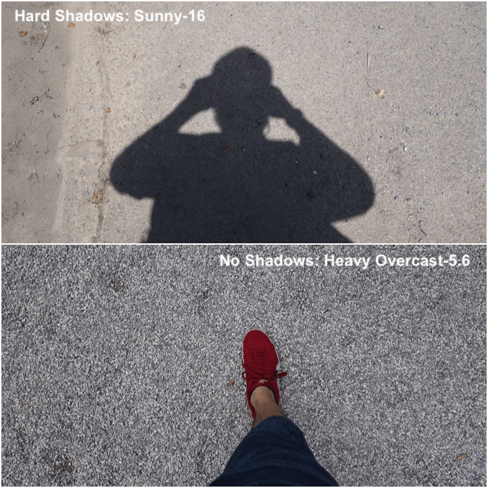 Diptych showing the difference between using the sunny-16 rule with hard shadows, or the overcast-5.6 for no shadows