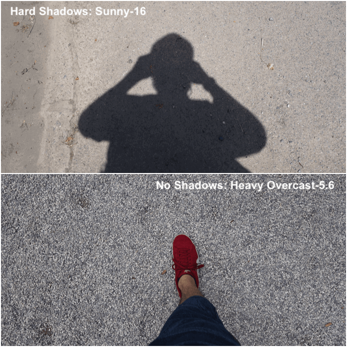 Diptych showing the difference between using the sunny-16 rule with hard shadows, or the overcast-5.6 for no shadows