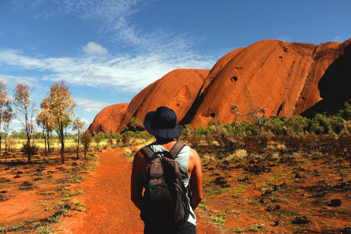 A picture of a travel influencer showing his back at a national park.