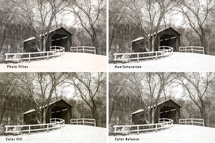 four sepia tone image grid of covered bridge