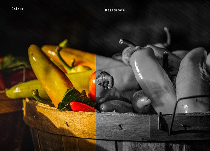 Compare photos of peppers color and desaturated