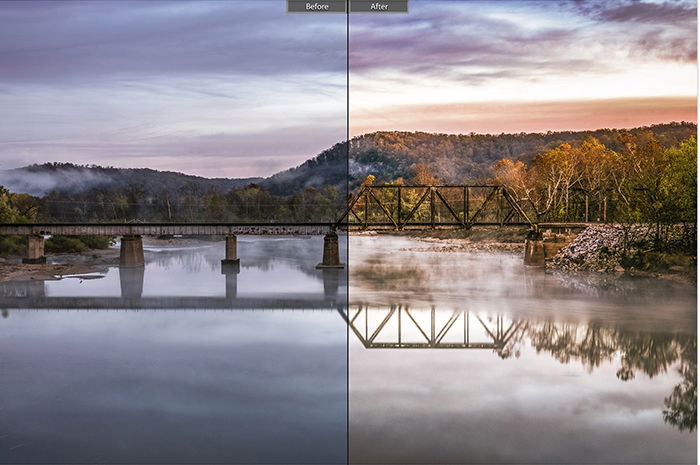 uma imagem antes e depois de uma ponte com e sem pós-processamento