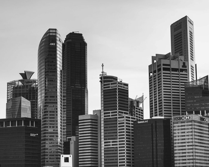 black and white image of skyscrapers