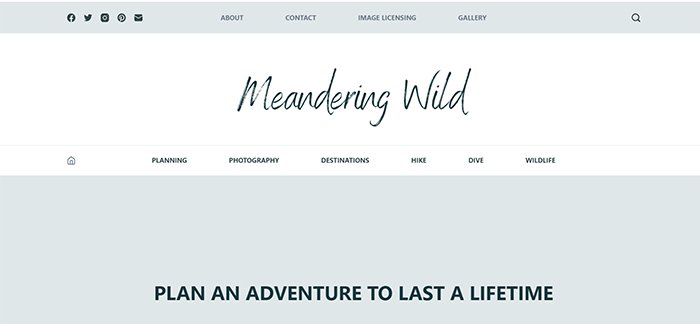 screenshot of meandering wild travel photography blog