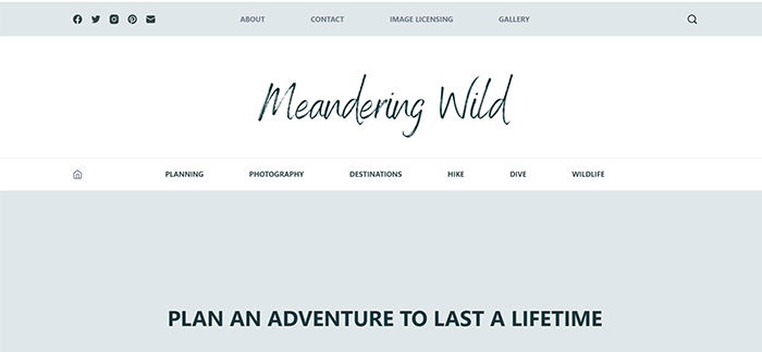 screenshot of meandering wild travel photography blog