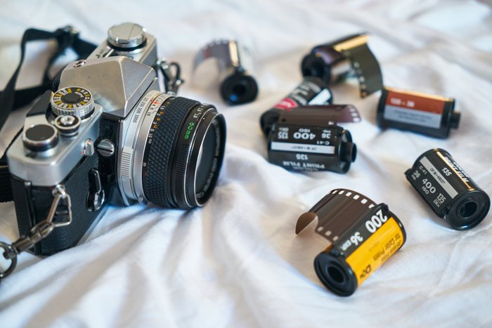 Analog camera and a few 35mm film rolls