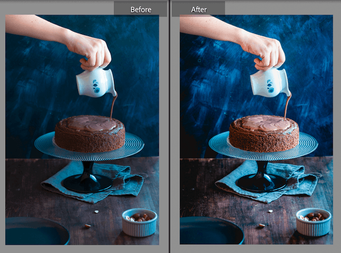 Before and after for food preset of a person pouring chocolate over a cake