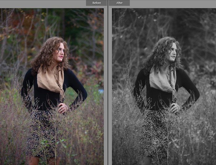 Before and after image for black and white preset of a woman's portrait