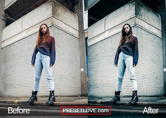 Before and after of a street photography preset applied to a portrait of a young woman