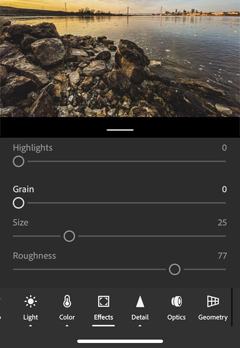 Lightroom app effects screen