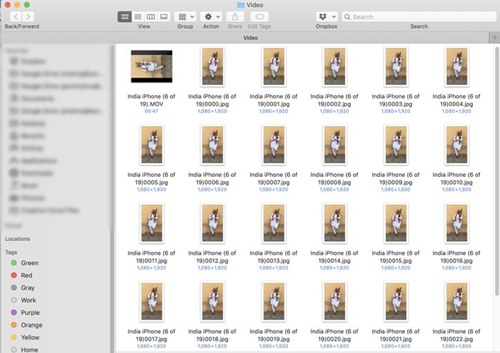 Screenshot of files created from our process of how to extract frames from a video in Photoshop