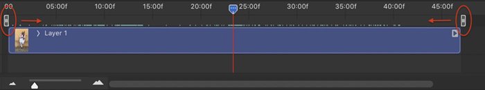 Screenshot of a Photoshop video timeline showing the playhead in the middle and the initial position of the beginning and endpoint sliders