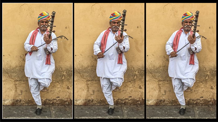 three still images from video street musician Jaipur India