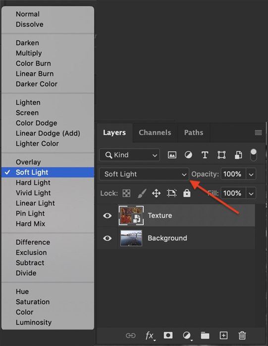Photoshop layers panel blending modes menu