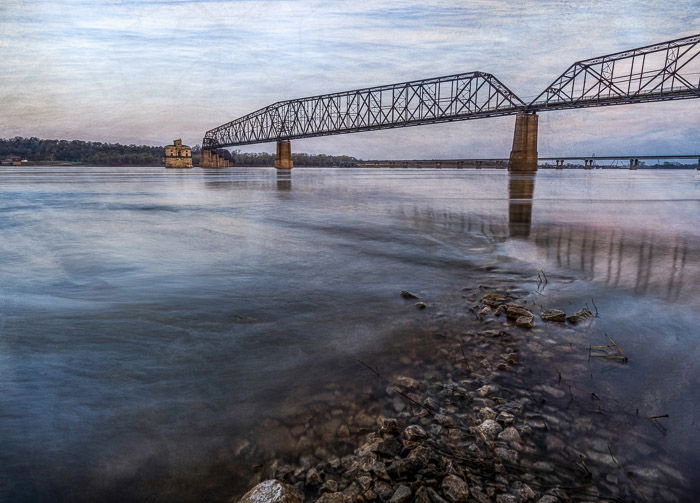 texture overlay on image of bridge and river