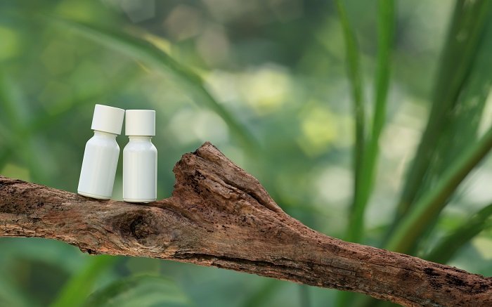 diy product photography of two cosmetics bottles on a tree branch