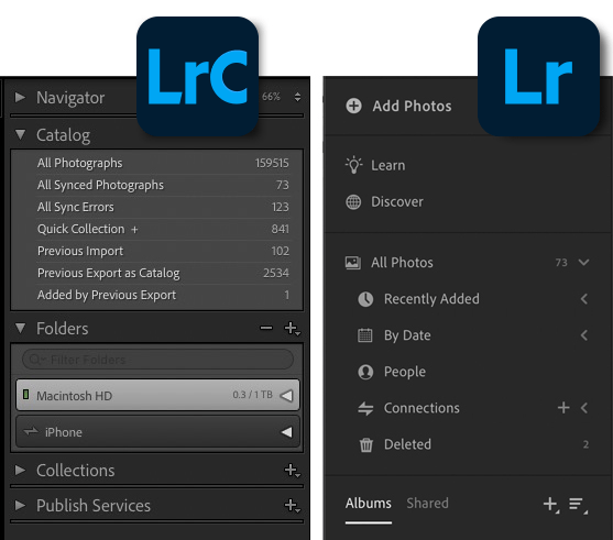 Screenshots comparing catalog structure for Lightroom vs Lightroom Classic