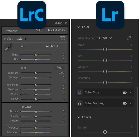 Screenshot comparing Lightroom Classic Basic panel and restructured Lightroom Color and Effects panel