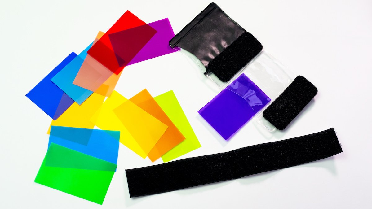 Top view of a set of color filters for creative DIY product photography with a speedlight (speedlite)