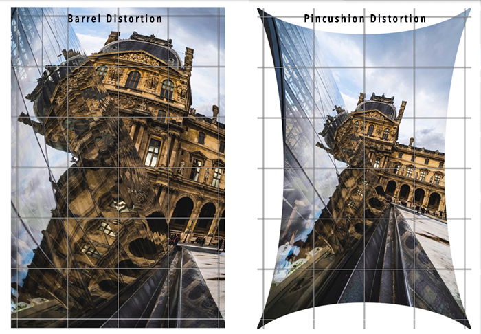 Diptych comparing lens Distortions in a photo of the Louvre