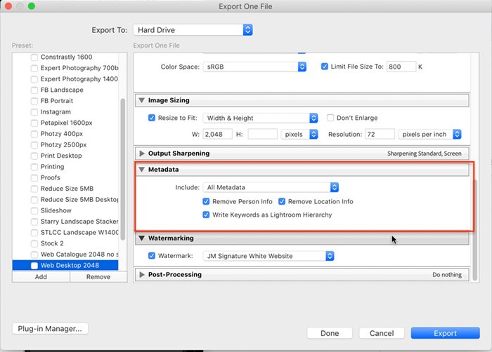 a screenshot of Lightroom export panel