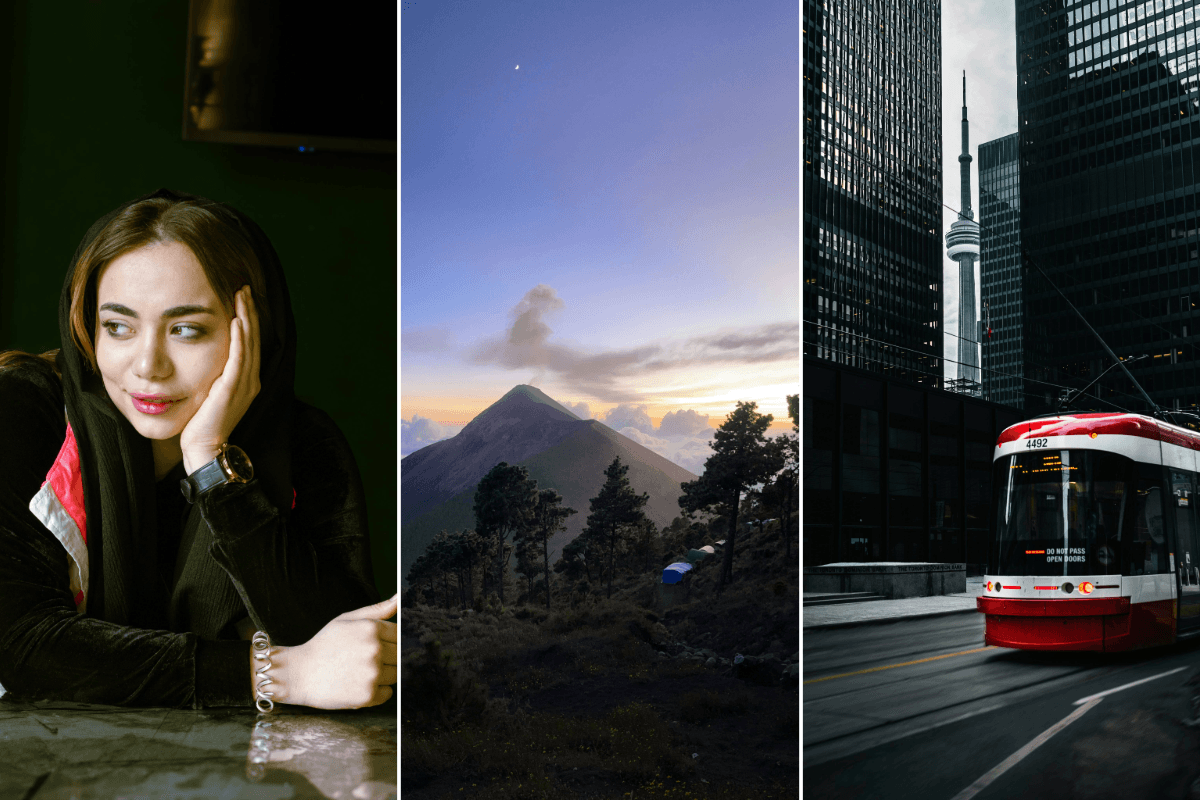 Triptych of a portrait, landscape, and street photo all shot with a nifty fifty lens
