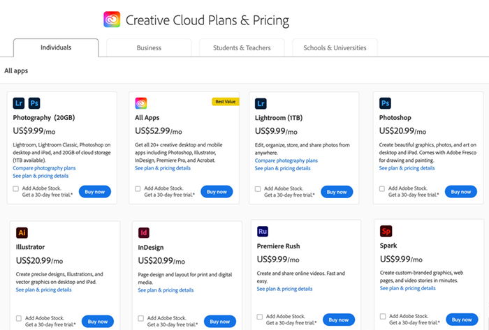 adobe creative cloud pricing monthly