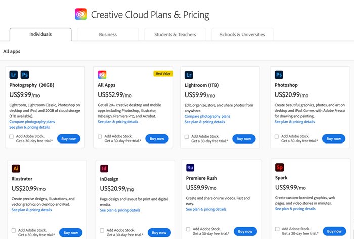 Screenshot Adobe’s Creative Cloud pricing