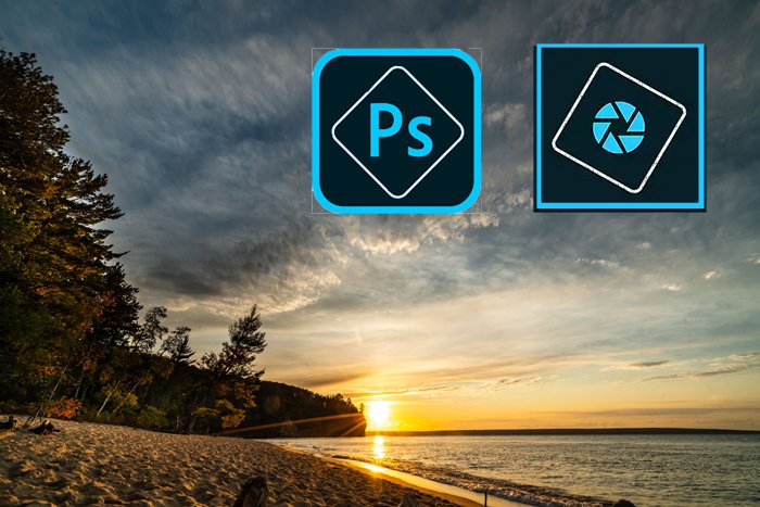 Photoshop and Photoshop Elements icons overlayed on an image of a sunset beach