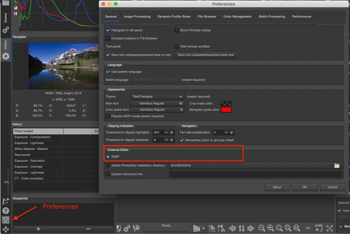 Captura de tela da janela de preferências do IOS RawTherapee mostrando o GIMP como editor externo selecionado