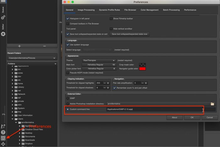 Captura de tela da janela de preferências do IOS RawTherapee mostrando como inserir o caminho para abrir o GIMP como um editor externo