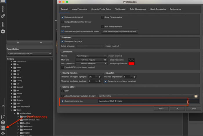 Screenshot of IOS RawTherapee’s preference window showing how to enter the path to open GIMP as External Editor