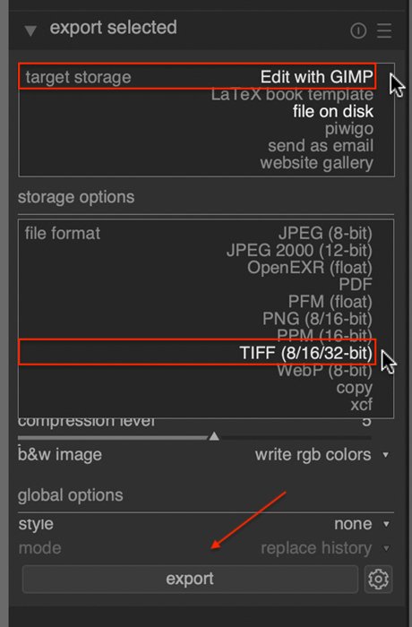 Captura de tela do Darktable mostrando o processo de exportação de arquivos para o GIMP