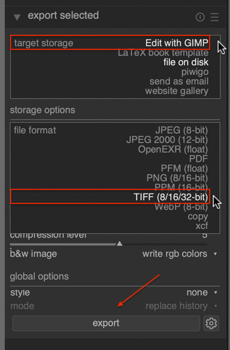 how to export in darktable