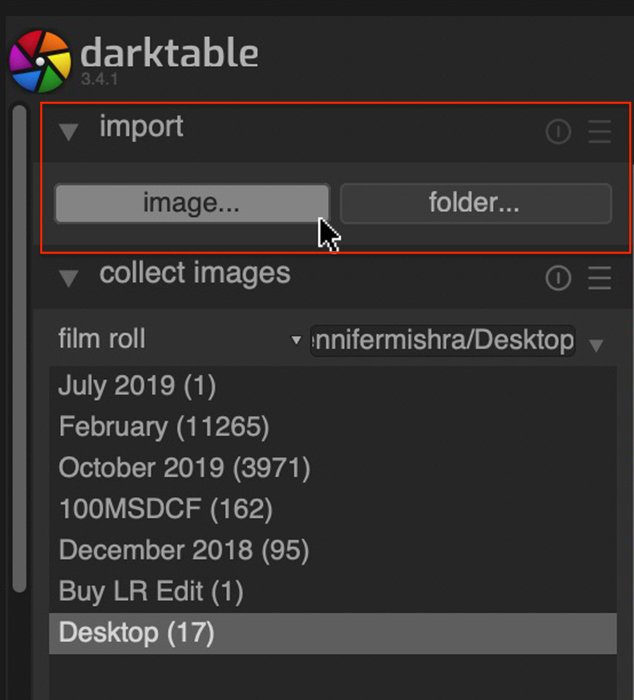 Screenshot of Darktable showing Import tab