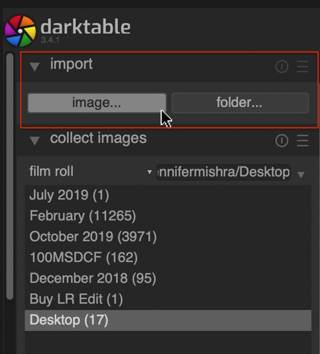 Screenshot of Darktable showing Import tab