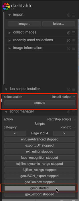 Screenshot of Darktable showing where to execute the GIMP script in the Lighttable workspace