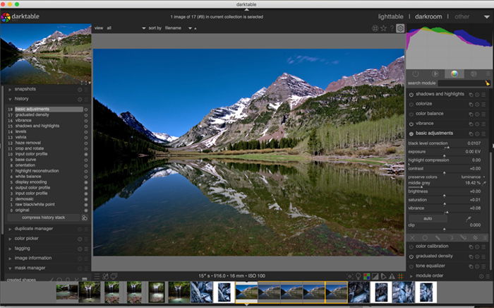 Captura de tela da versão IOS do espaço de trabalho Darktable