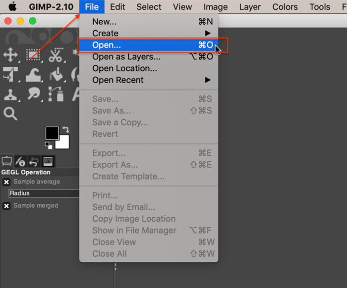 Screenshot of GIMP showing how to open file