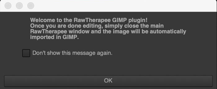 Screenshot of RawTherapee plug-in welcome message