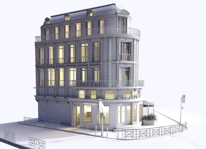 A 3D model of a boutique apartment building lit from within for creative editing ideas