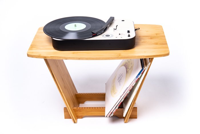 Record player against a white background