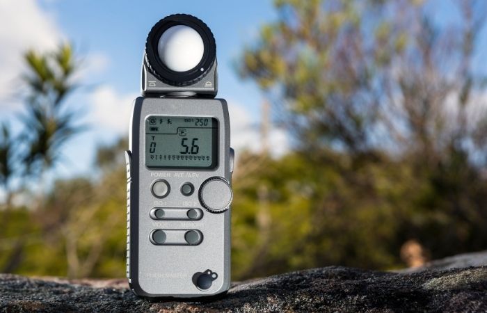 an image of a light meter set on a stump