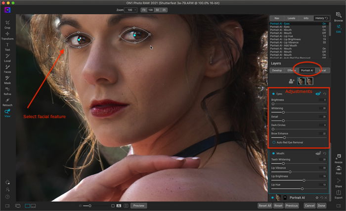 Captura de tela ON1 Portrait AI Eye Highlight
