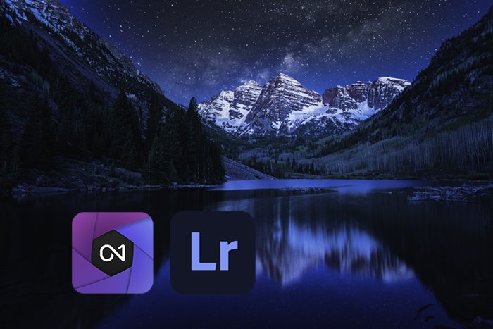 Mountain reflection at night ON1 and Lightroom logo