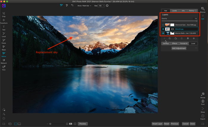Captura de tela de ON1 Photo Raw Layers e Sky Replacement 
